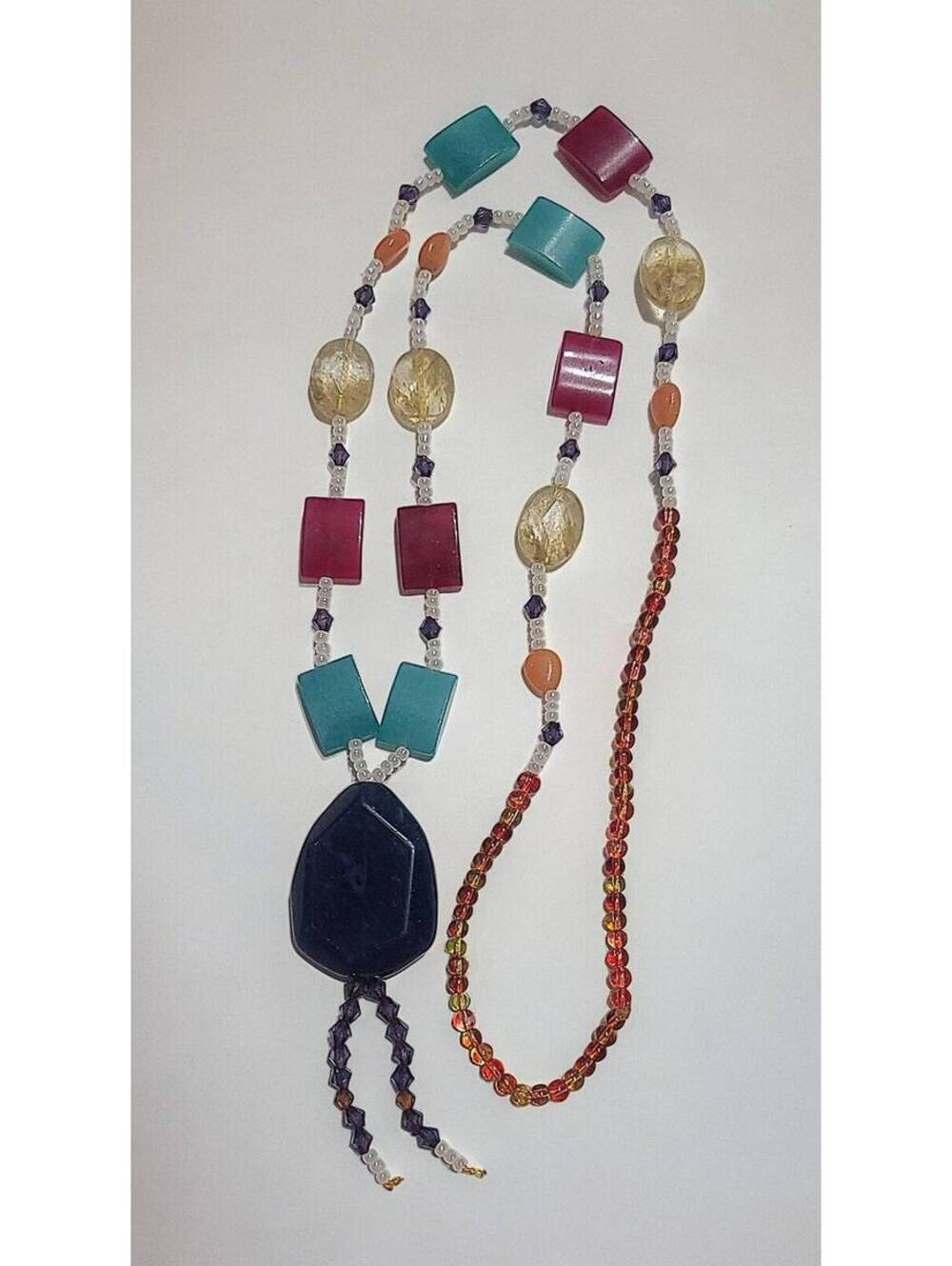Multicolor Beach Glass Look Long Necklace - Blue, Red, Turquoise, Orange, Yellow
